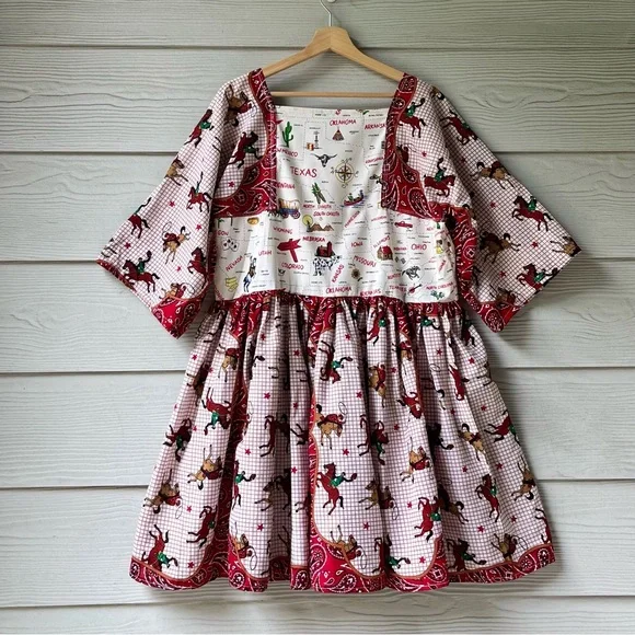 Western Rodeo | US Map | Handmade Bandana Dress SKU 05296 Red/Cowboy - Picture 3 of 16